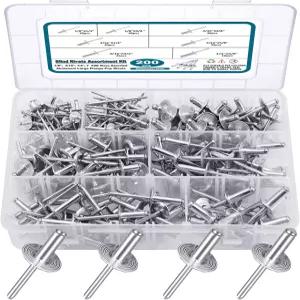 새탄텍 200PCS 팝 리벳 모음 키트 대형 플랜지 알루미늄 리벳(1/8 3/16 1/4 ) 케이스 포함 모듬 블라인드
