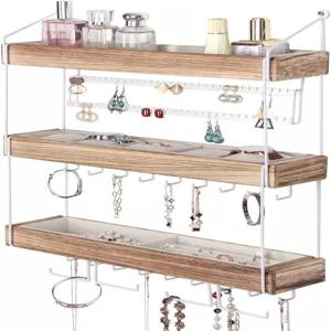 JACKCube 디자인 벽걸이 액세서리 수납 선반과 18개의 금속 귀걸이 목걸이 후크가 있는 3단 나무 주얼리