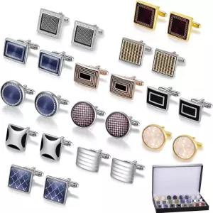 커프링크 12쌍 남성용 클래식 실버톤 골드톤 비즈니스 웨딩 파티 선물 상자용 세트