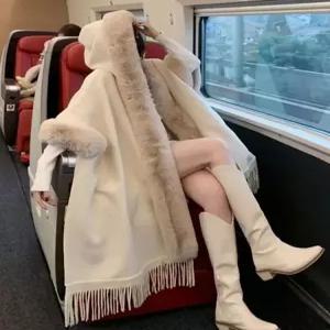 판초 코트 오버핏 망토 플리스 페이크퍼