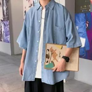 오버핏데님셔츠 2색 반팔데님셔츠 남자 청남방 여름