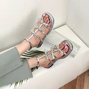 [에이치플러스몰]리본 스트랩 장식 오픈토 플랫 쿠션솔 데일리 스트랩샌들슈즈 6SS