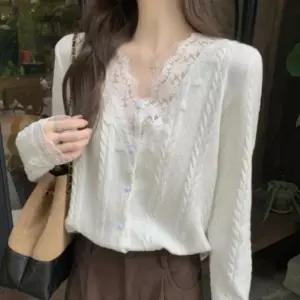 여성 레이스 포인트 브이넥 니트 티셔츠 레이어드