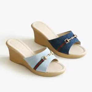 [아리앤]국산 데님 웨지 뮬슬리퍼 7.5cm