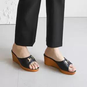 [아리앤]국산 금장 웨지힐 뮬슬리퍼 7cm