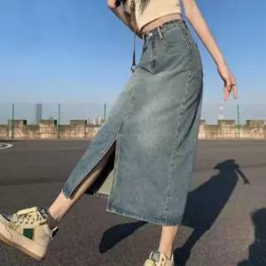 여성 스커트 캐주얼 트임 롱 데님 밑단 워싱 치마