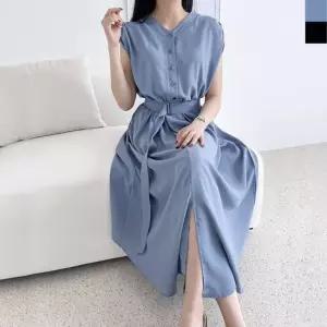 TBZ KQQ Z3192 셔링 여신캡소매 밴딩롱원피스-벨트포함 셔링 밴딩원피스 여신 캡소매 원피스