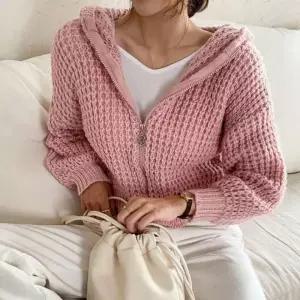 여자 집업 후드 와플 크롭 아우터 니트 가디건 패턴