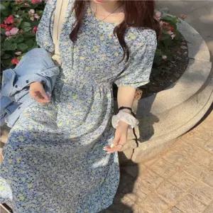 패턴 원피스 청순 롱 꽃무늬 허리 블루 플라워 밴딩