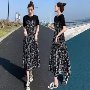 플라워 레이어드 패턴 꽃무늬 롱 반팔 원피스 여름