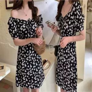 꽃무늬 퍼프 원피스 소매 셔링 미니 플라워 오프숄더