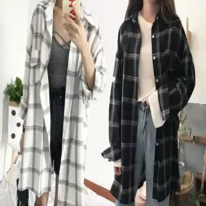 여성 데일리룩 롱 루즈핏 오버핏 셔츠 체크 남방 긴