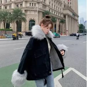 여자 데님 점퍼 블랙진 퍼안감 커플룩 겨울 청 자켓 양털 캐주얼룩