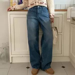 여자 겨울 캐주얼 중청 와이드핏 코튼 기모 데님팬츠_3