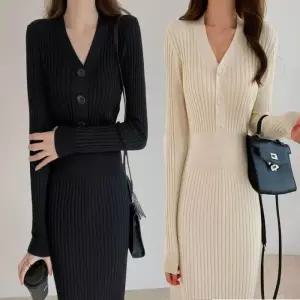 여자 겨울 니트원피스 롱 V넥 골지 슬림핏 니트 이너