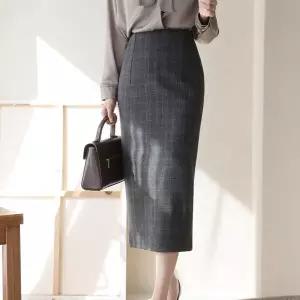 여자 겨울출근룩 H라인 뒤트임 빅사이즈 체크 롱스커트_3