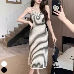 패션 여름 스트라이프 원피스 끈나시 롱 휴양지 니트
