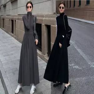 여자 슬림 목폴라 원피스 A라인 플리츠 긴팔 롱스커트