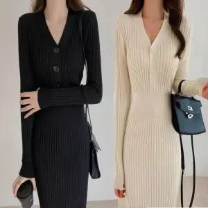 여자 니트 골지 슬림핏 V넥 롱 니트원피스 겨울 이너