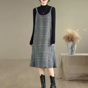 롱원피스 티 체크 겨울 뷔스티에 긴팔 모직 원피스 치마 홈웨어 빈티지 레이어드 가을