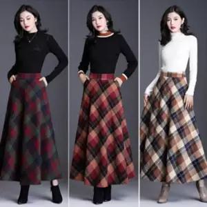 여성 스커트 체크 클래식 치마 모직 롱 가을 빈티지
