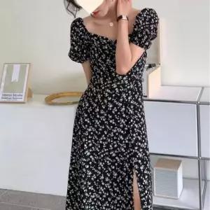 여성 퍼프 스퀘어넥 원피스 셔링 여름 플라워 소매 롱