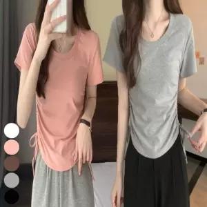 여자 티셔츠 슬림핏 반팔 U넥 옆 라운드넥 셔링