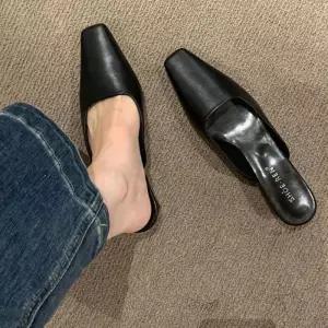 여자 뾰족 블로퍼 스퀘어 굽 로우힐 낮은 앞코 뮬