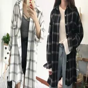 여자 데일리룩 남방 루즈핏 오버핏 체크 셔츠 긴 롱