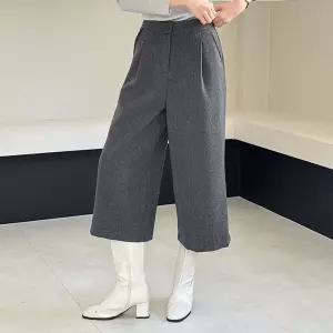 여자 8부 기모와이드 핀턱 FW 모직 속밴딩 바지_3