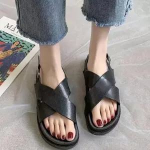 여자 데일리 X자 샌들 레더 여름 통굽 스트랩