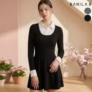 여성 배색 셔츠 일체형 미니 원피스