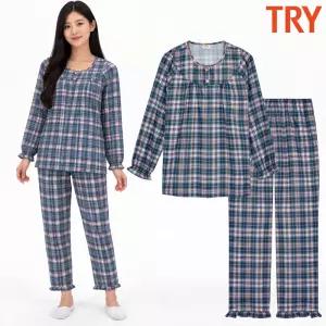 [트라이]트라이 여성잠옷 프릴 세트 라운드 체크 순면 60수 주자직 파자마 홈웨어