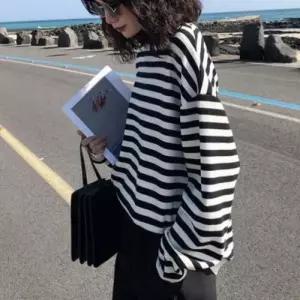 여자 맨투맨 캐주얼티 스트라이프 줄무늬 쭉티 티셔츠