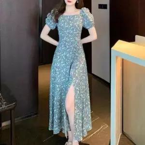 퍼프 원피스 플라워 롱 스퀘어넥 A라인