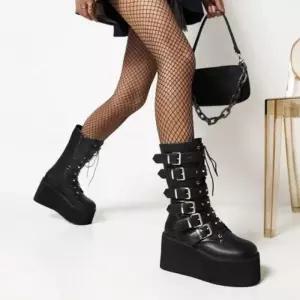 여성 레이스업 통굽 유광 시크블랙 여성신발 롱 워커부츠 무광