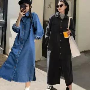 TBZ 포켓 카라 데님 롱기장 긴팔 원피스 아우터 겸용 간절기 데일리패션 간절기패션