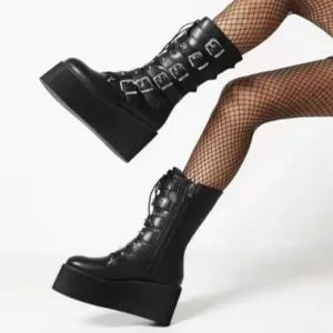 여성 워커부츠 레이스업 유광 통굽 시크블랙 무광 롱