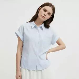 [NS홈쇼핑][샵앤] 여성 카라넥 스트라이프 옆셔링 반팔 블라우스 셔츠 NARU-WBL-21083-소라..