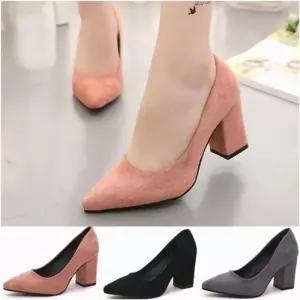 여자 통굽 스웨이드 뾰족앞코 힐 네모굽 펌프스 구두