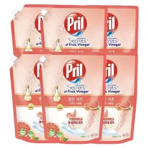 프릴 고농축 주방세제 맑은식초 리필 자몽, 1L, 6개