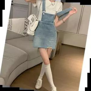 원피스 휴가룩 멜빵 미니멀 청치마 뒷리본포인트 여름