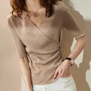 여성 상의 7부 반팔 브이넥 니트 티셔츠 베이지