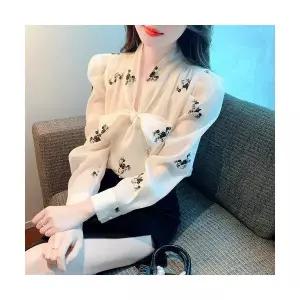 여친 민소매 블라우스 플라워 스트랩 쉬폰 프렌치 리본 긴팔 꽃무늬 브이넥 봄가을 CH3