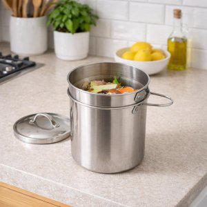 동무 스텐물빠짐 소형음쓰통 2리터2칸 음식물쓰레기통 2리터 미니음식물통 원룸 씽크대 음식물분리형