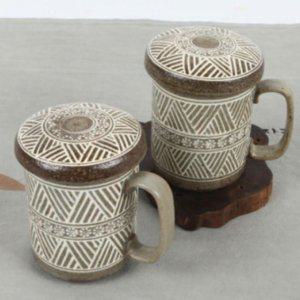 빗살인화문 뚜껑 머그컵 머그잔 다기 2인 다도 세트