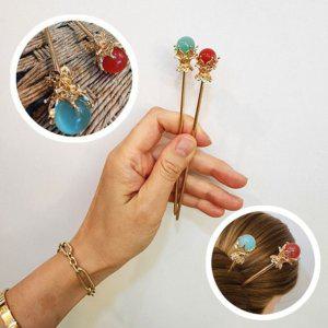 머리핀 원석 한복장신구 뒤꽂이 비녀 그린 레드 한복