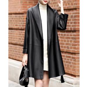 Julypalette 여성용 V넥 정품 가죽 중간 길이 트렌치 코트, 레이스업 벨트, 블랙 양가죽 트렌치 코트, 2024 가을 패션