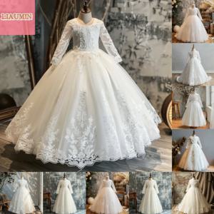 바닥 길이 레이스 아플리케 꽃 소녀 드레스, 생일 파티 공주 첫 성찬식 미인 대회 스커트, 맞춤형 W8-43, 흰색