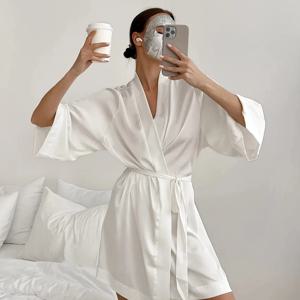 여성 웨딩 화이트 신부 가운 모닝 가운 3/4 슬리브 잠옷 느슨한 잠옷 여성 실크 새틴 기모노 목욕 가운 란제리